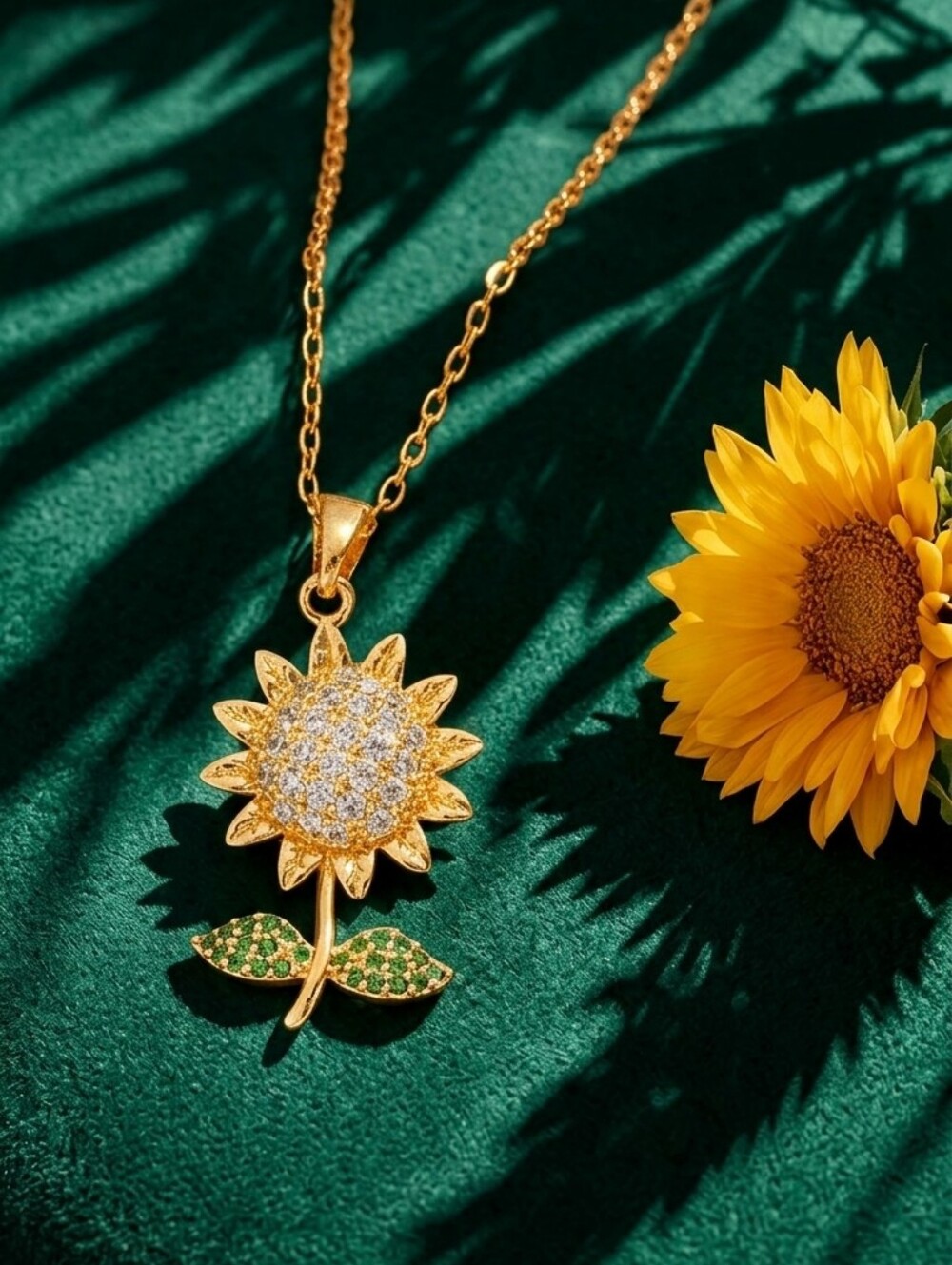 Gold Plated Stainless Steel Sunflower Pendant Necklace with Green Leaf Accents